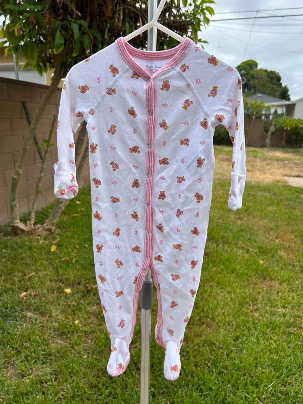 Ralph Lauren White Footed One-Piece with Pink Trim and Floral Bear Print